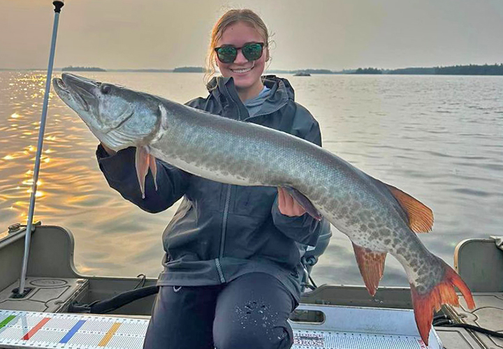 image of young woman holding big musky caught on Lake of the Woods